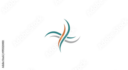 A modern and abstract logo design featuring four elegant, flowing curves that intersect to form a dynamic star or cross shape. The graphic uses a sophisticated palette of teal, orange, and gray.