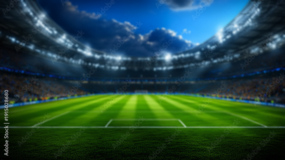 Fototapeta premium Soccer stadium with lights and a green grass field 