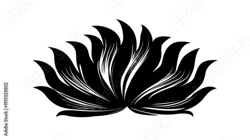 Stylized, symmetrical graphic, black leaves radiate from a center point, white spaces within