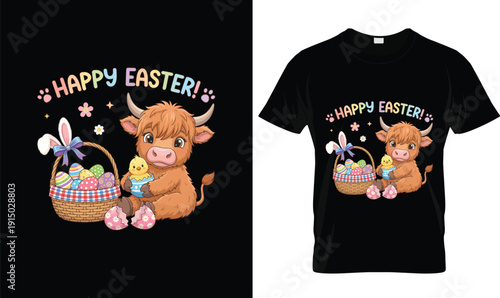 Happy Easter Cute Highland Cow T-Shirt Design | Adorable baby cow with chick and egg basket tshirt vector illustration logo for farm animal apparel, playful colorful typography Easter holiday graphic 