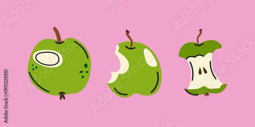 Green apple clipart in cartoon doodle style. Whole fruit, bitten and eaten apple. Healthy food elements. Vector illustration