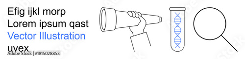 Scientific research, education, biology, discovery, exploration, analysis. Test tube with DNA, magnifying glass and hand with a telescope. Exploration and discovery concepts