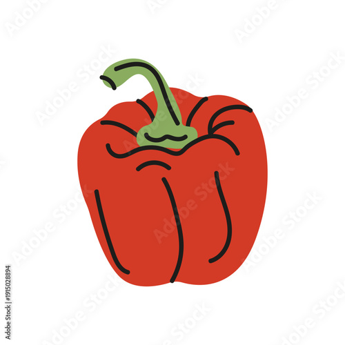 Red bell pepper in doodle cartoon style. Vector illustration isolated on white background