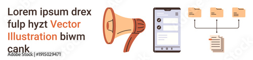 Digital marketing, content sharing, task scheduling, data management, virtual communication, business workflow. Megaphone, smartphone with checkmarks folders and documents. Digital marketing