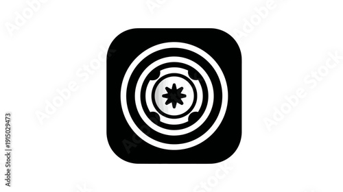 Black and white circular logo icon featuring concentric rings and a star-like center design