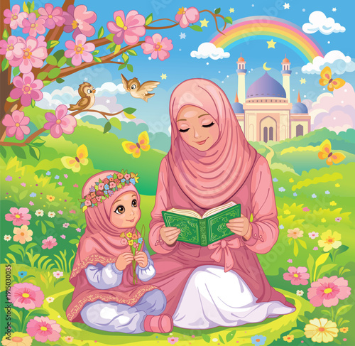 Young Muslim woman with child reads the Quran. Flower meadow with rainbow and mosque. Fairytale background for print or sticker. Cartoon children illustration puzzle or wallpaper. Arab girl in a hijab