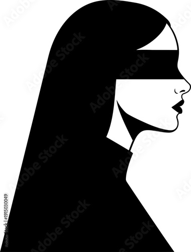 Woman with black blindfold. Concept of censorship, suppression, protest. Isolated minimalistic vector illustration for banner, poster, web
