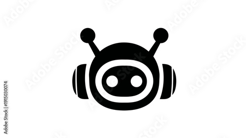 A simple, black and white icon depicting a stylized robot face with large eyes and antenna