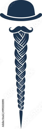 Gentleman bowler hat with braided beard and mustache in flat style icon graphic element for barber shop or fashion design