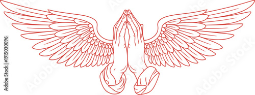 Praying hands with angel wings in a minimalist outline style. Concept of faith, hope, prayer, and religion. Vector illustration for tattoo design