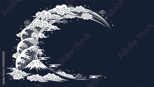 Dramatic white wave in traditional japanese woodblock style curling over mount fuji against a dark navy blue sky.
