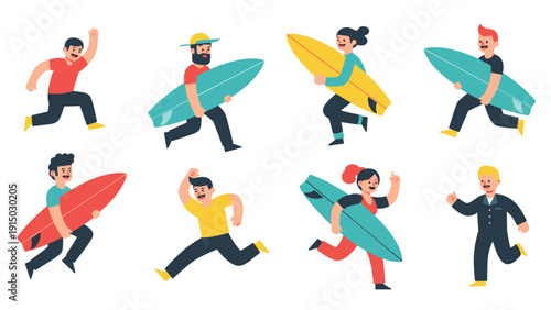 Large collection of diverse people in colorful swimwear running together with surfboards on a plain white background.