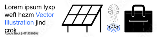 Renewable energy, artificial intelligence, business tools, innovation, technology, sustainability. Solar panel, brain with connections layered system briefcase. Renewable energy and artificial