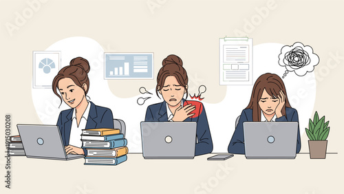 Three depictions of a stressed businesswoman working at her laptop showing focus, physical pain, and mental burnout.