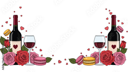 Romantic frame featuring bottles of red wine, filled glasses, pink roses, sweet macarons, and floating red hearts.