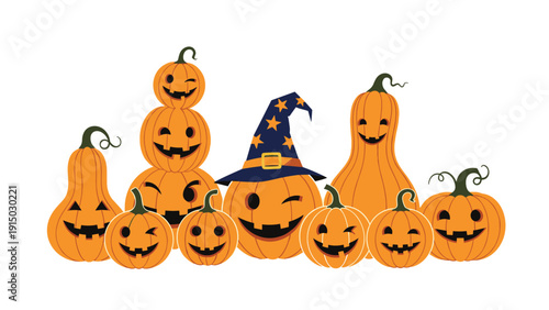 Large group of carved halloween pumpkins with different spooky and funny faces and a blue wizard hat in the center.