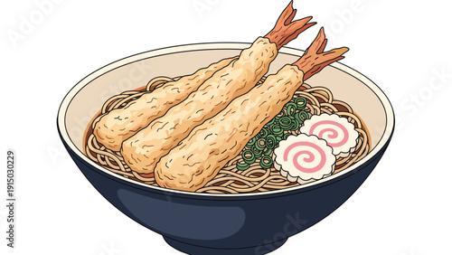 Large bowl of traditional japanese soba noodles served in hot broth with three crispy tempura shrimp and fish cakes.