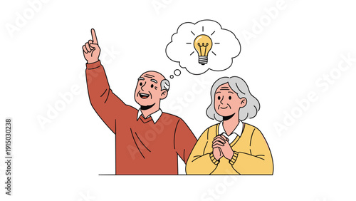 Happy elderly man and woman with a bright glowing light bulb in a speech bubble representing a new creative idea.