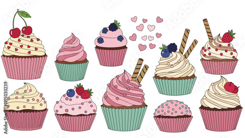 Set of various delicious cupcakes decorated with thick frosting, berries, chocolate rolls, and little pink hearts.