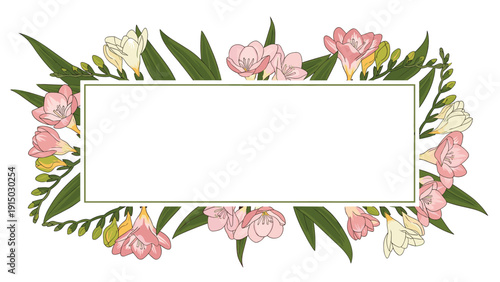 Rectangular frame surrounded by delicate pink and white freesia flowers and green leaves on a white background.