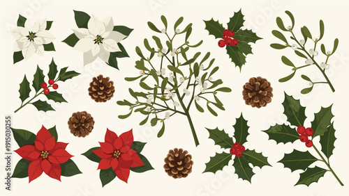 Large collection of winter holiday plants including red and white poinsettias, mistletoe, holly berries, and cones.