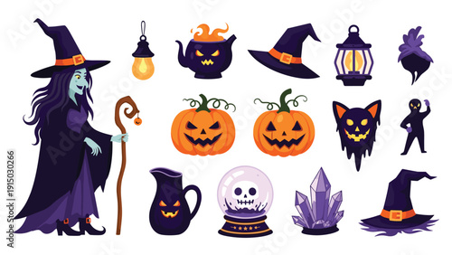 Character design of a powerful witch with a staff surrounded by magic items like cauldron, pumpkins, and a skull.