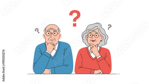 Elderly man and woman with confused expressions and several red question marks over their heads on a white background.