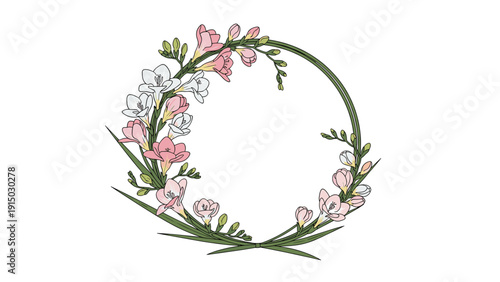Circular wreath made of delicate pink and white freesia flowers and long green grass blades on a white background.