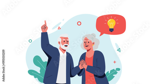 Senior man and woman with a bright idea represented by a glowing light bulb in a large red speech bubble on blue.
