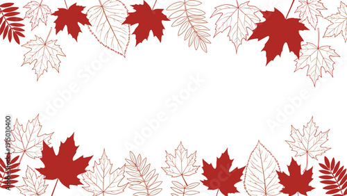 Autumn border design featuring a mix of solid red and outlined maple leaves decorating the top and bottom of a clean white space.