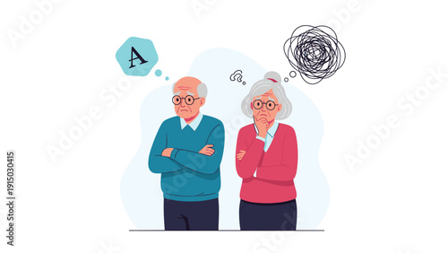 Elderly man and woman look confused and concerned with thought bubbles representing memory loss and mental health in old age.