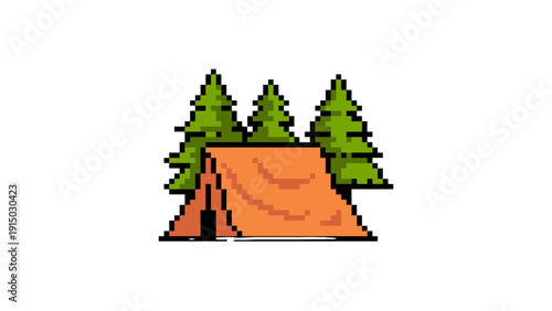 Camping Tent in Pine Forest Pixel Art Adventure Illustration