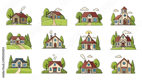 Large collection of diverse house and church illustrations in a flat vector style set among green trees and rolling grassy hills.