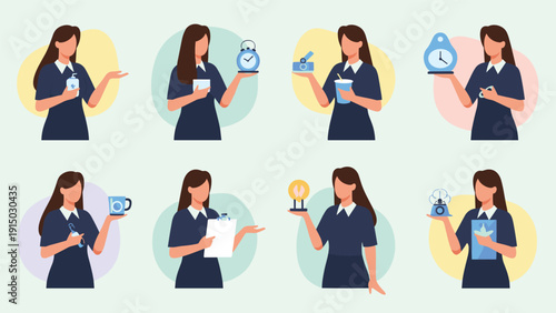 Collection of women in dark blue dresses holding different objects like a cup clock and clipboard in various presentation poses.