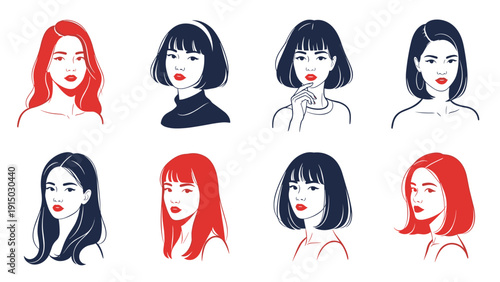 Minimalist collection of stylized female faces with different hairstyles and red lips in a simple black and red color palette.