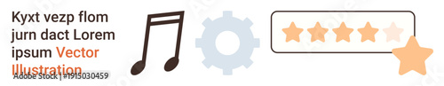 Music, technology, user feedback, ratings, reviews, optimization tools. Stylized music note, gear and star rating icon. Music and user feedback concepts presented creatively
