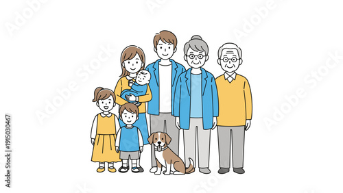 Portrait of a large happy family including grandparents parents three children and their pet dog on a plain white background.