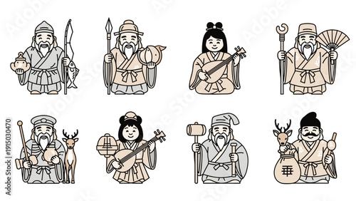 Set of characters representing the seven lucky gods of japanese folklore in a simple line art style with muted colors.