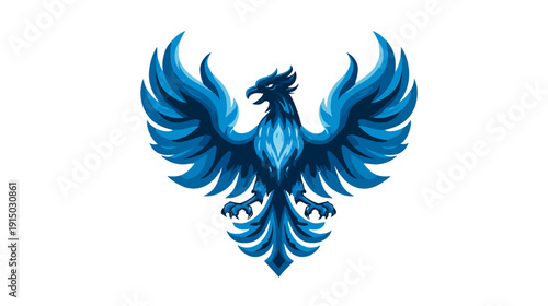 A stylized blue bird of prey with wings spread against a white background