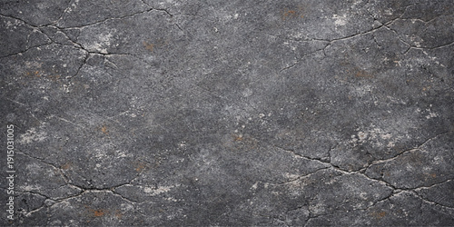 A rough asphalt road texture with deep cracks on a dirty grey cement surface featuring an abstract pattern of old stones and dark granite material