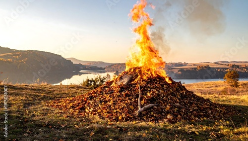 Bonfire Blazing in Rural Landscape at Sunset.