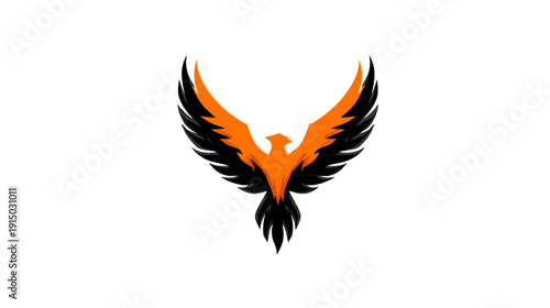 A stylized illustration of a bird with outstretched wings, featuring orange and black color scheme