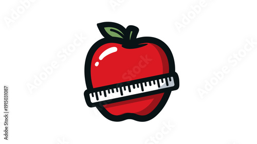 A cartoon image of a red apple encircled by a ruler, representing health and measurement