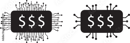 Two black microchips display dollar signs symbolizing financial technology and digital currency high-quality
