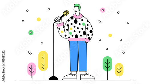 Man with microphone performing on stage with colorful abstract elements and trees