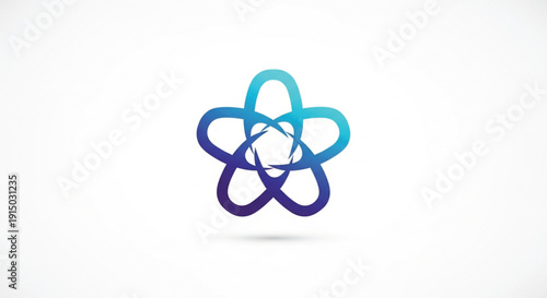 Modern abstract blue atom logo isolated on white background. This minimalist vector illustration features sleek orbiting rings and a central core, representing science, technology, innovation.