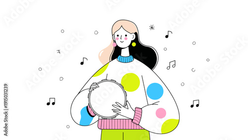 Joyful woman playing tambourine with musical notes and circles floating around her
