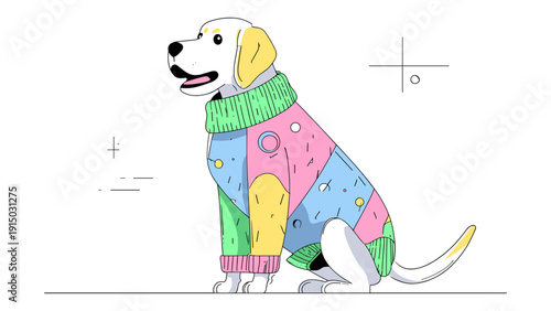 Cute cartoon dog wearing a colorful patchwork sweater, sitting patiently