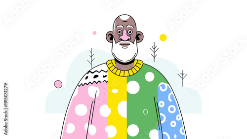 Stylized illustration of an elderly man with a white beard wearing a colorful, patterned sweater