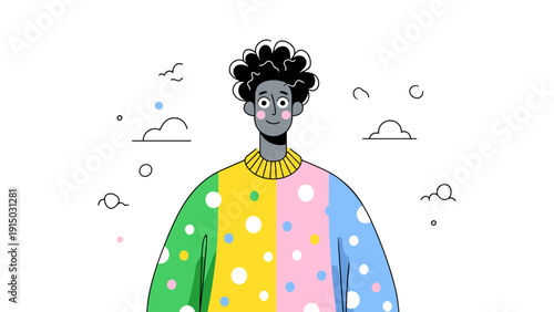 Whimsical character with curly hair wearing a colorful polka dot sweater and smiling